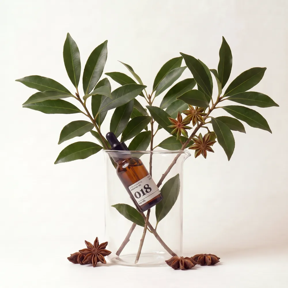 Tinh dầu Đại Hồi – Star Anise · chai tinh dầu trong ly nguyên liệu | Lê Mai