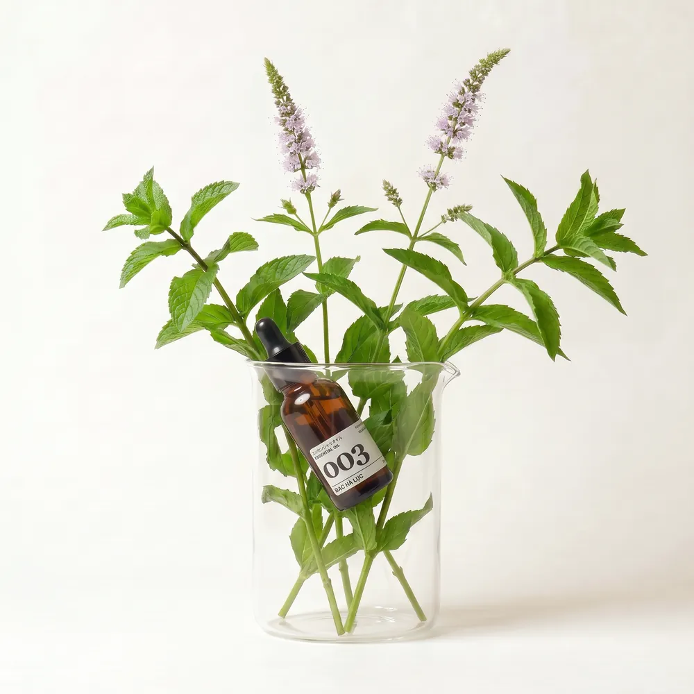 Tinh dầu Bạc Hà Lục – Spearmint · chai tinh dầu trong ly nguyên liệu | Lê Mai