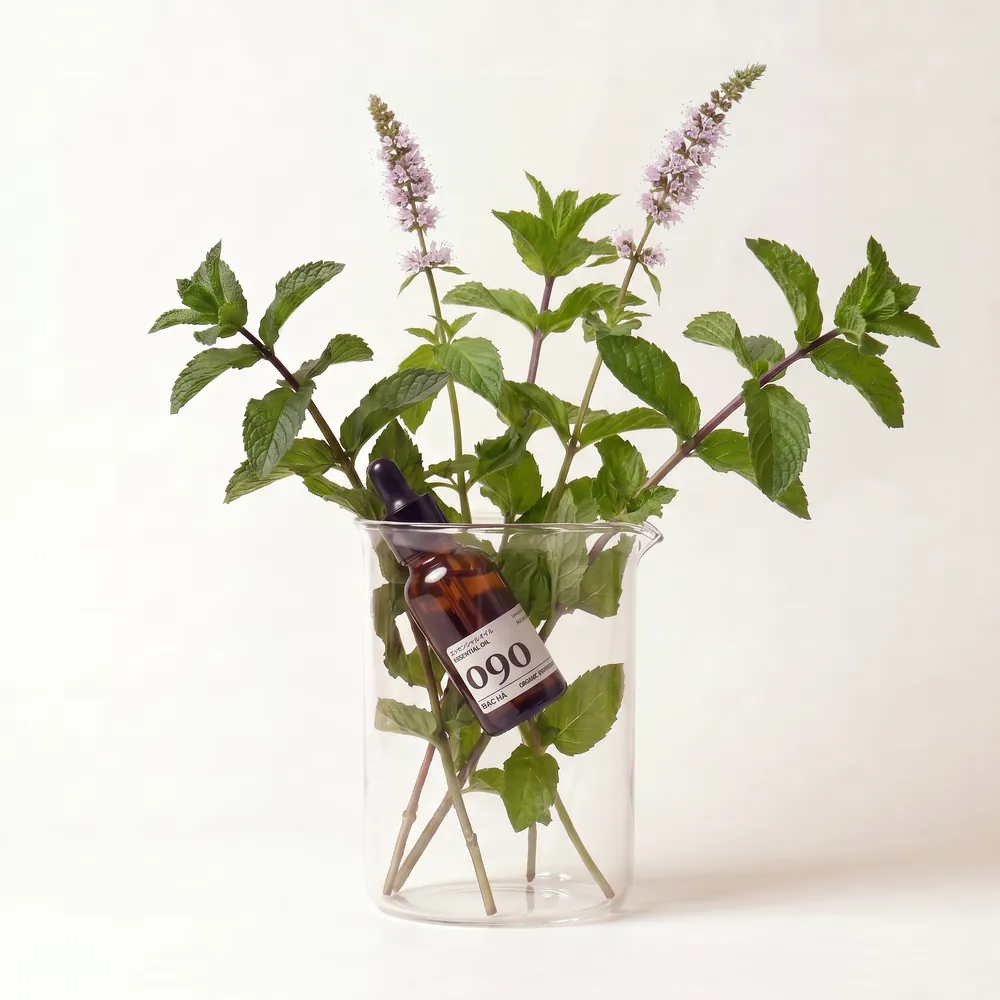 Tinh dầu Bạc Hà Organic – Organic Peppermint · chai tinh dầu trong ly nguyên liệu | Lê Mai
