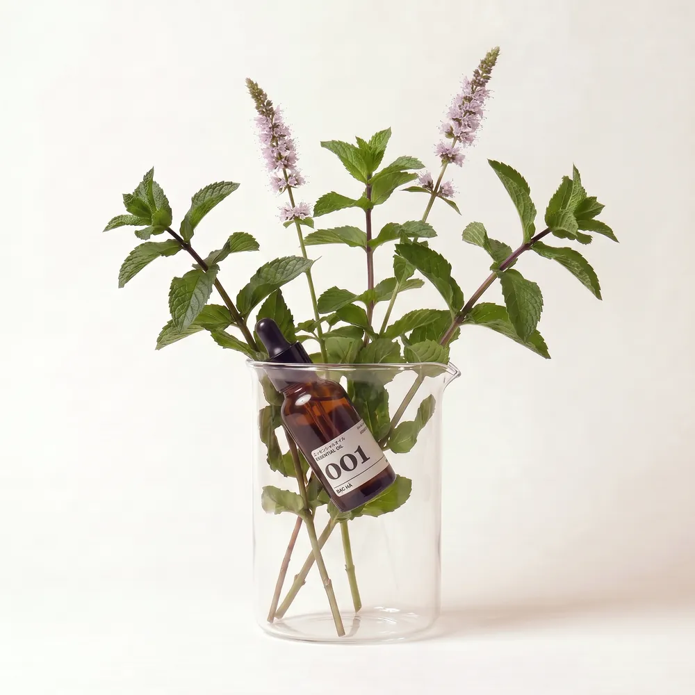 Tinh dầu Bạc Hà – Peppermint · chai tinh dầu trong ly nguyên liệu | Lê Mai