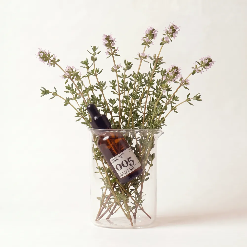 Tinh dầu Bách Lý Hương – Thyme · chai tinh dầu trong ly nguyên liệu | Lê Mai