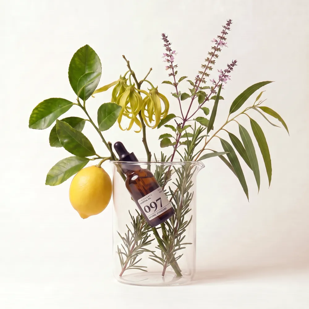 Essential Oil Blend No.097, Zero Nine Seven · essential oil bottle arranged with ingredients | Lê Mai