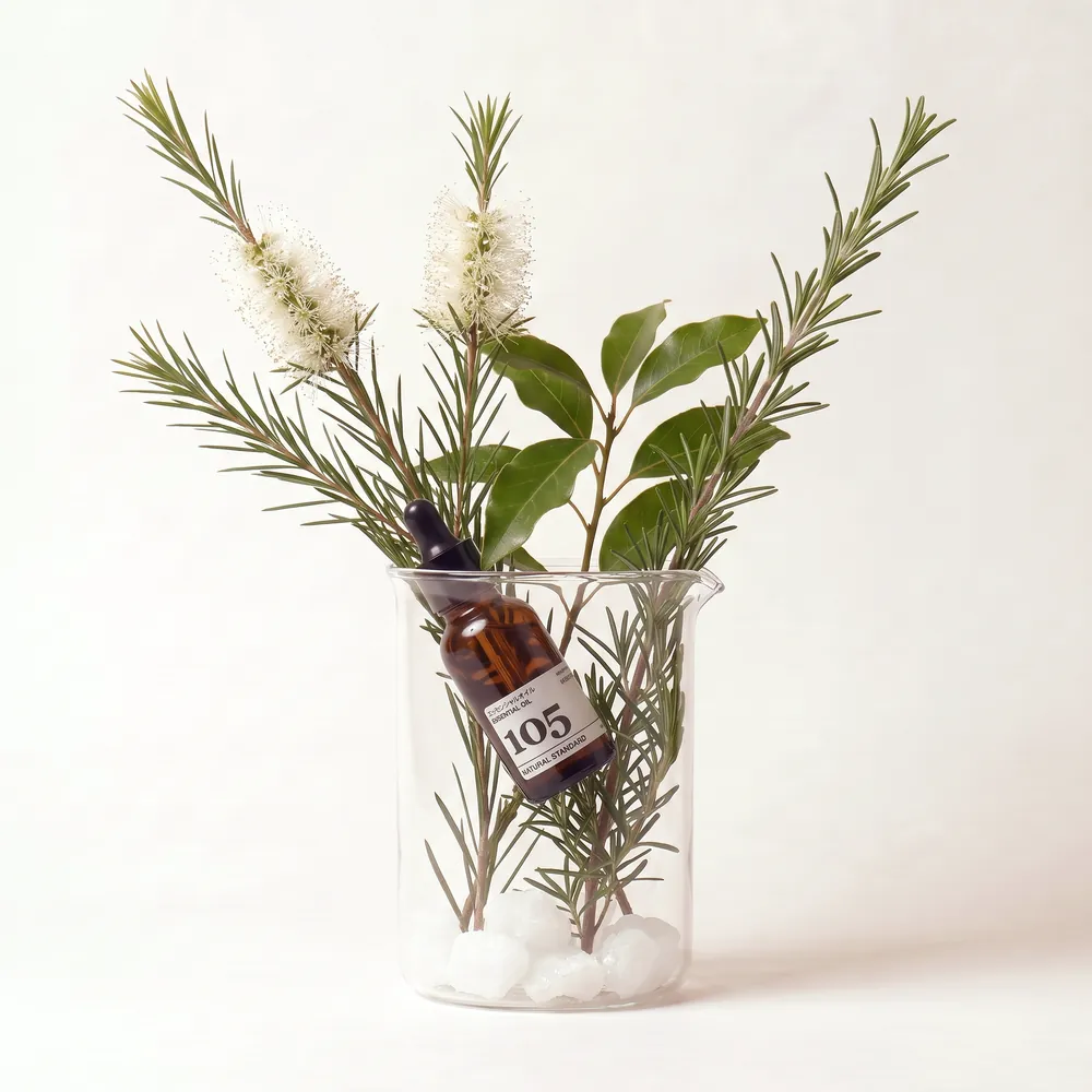 Essential Oil Blend No.105, One Zero Five · bottle arranged with ingredients | Lê Mai