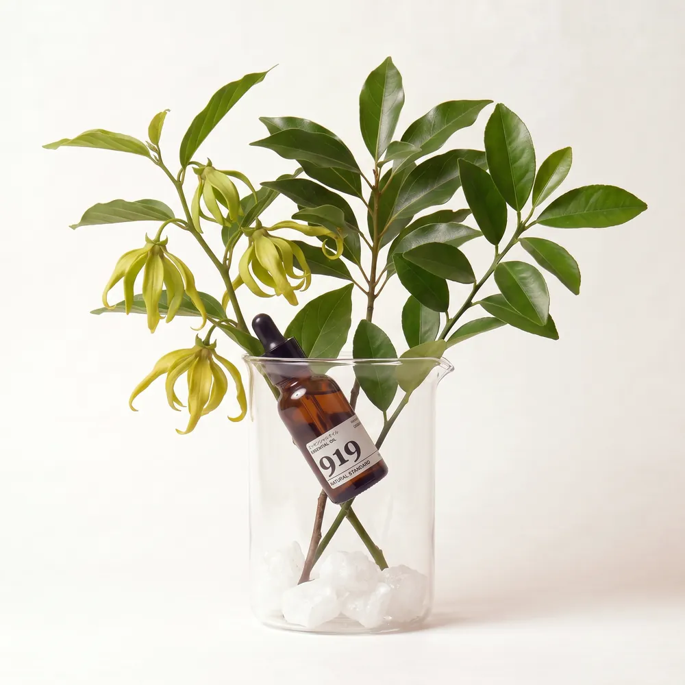 Essential Oil Blend No.919, Nine One Nine · essential oil bottle arranged with ingredients | Lê Mai