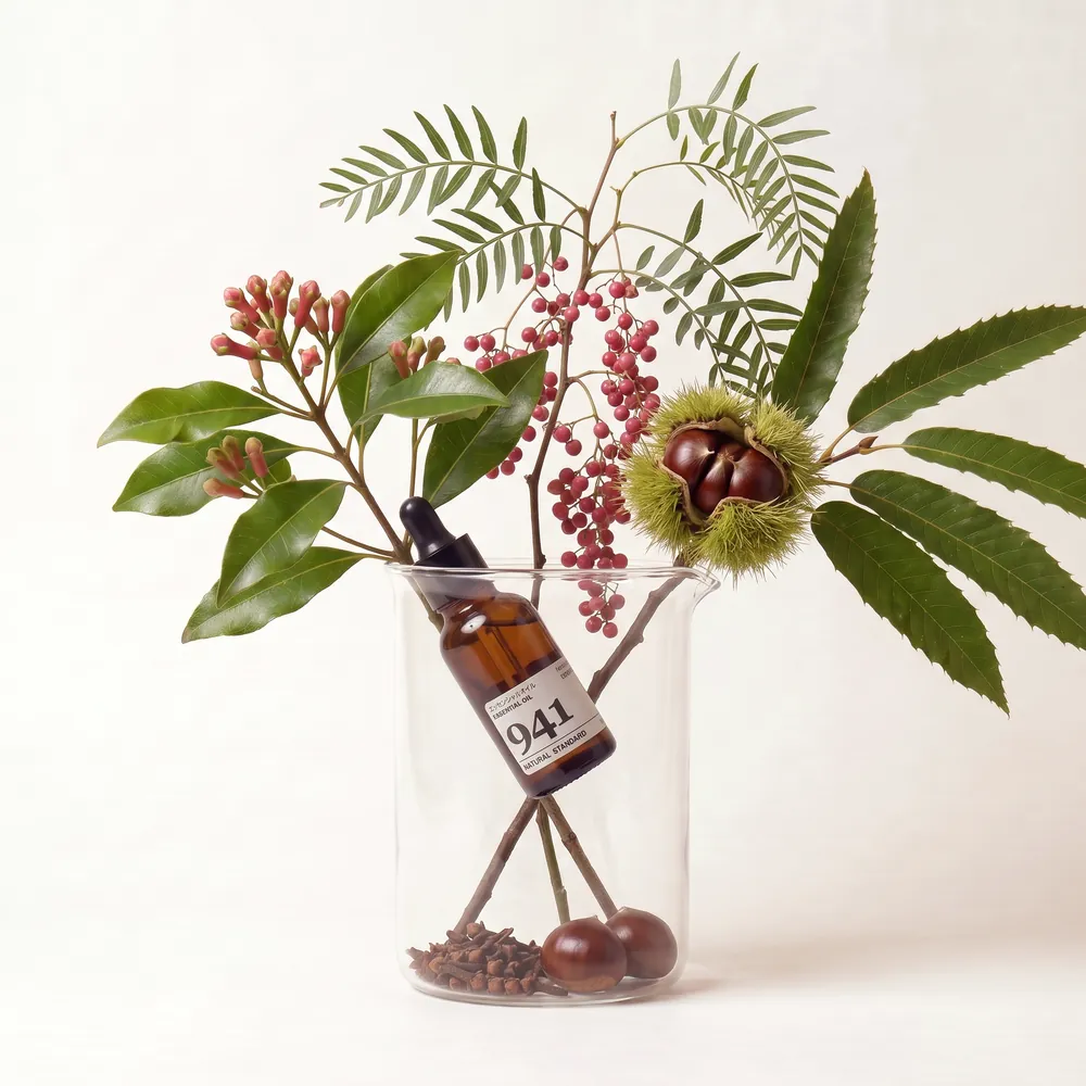 Essential Oil Blend No.941, Nine Four One · bottle arranged with ingredients | Lê Mai
