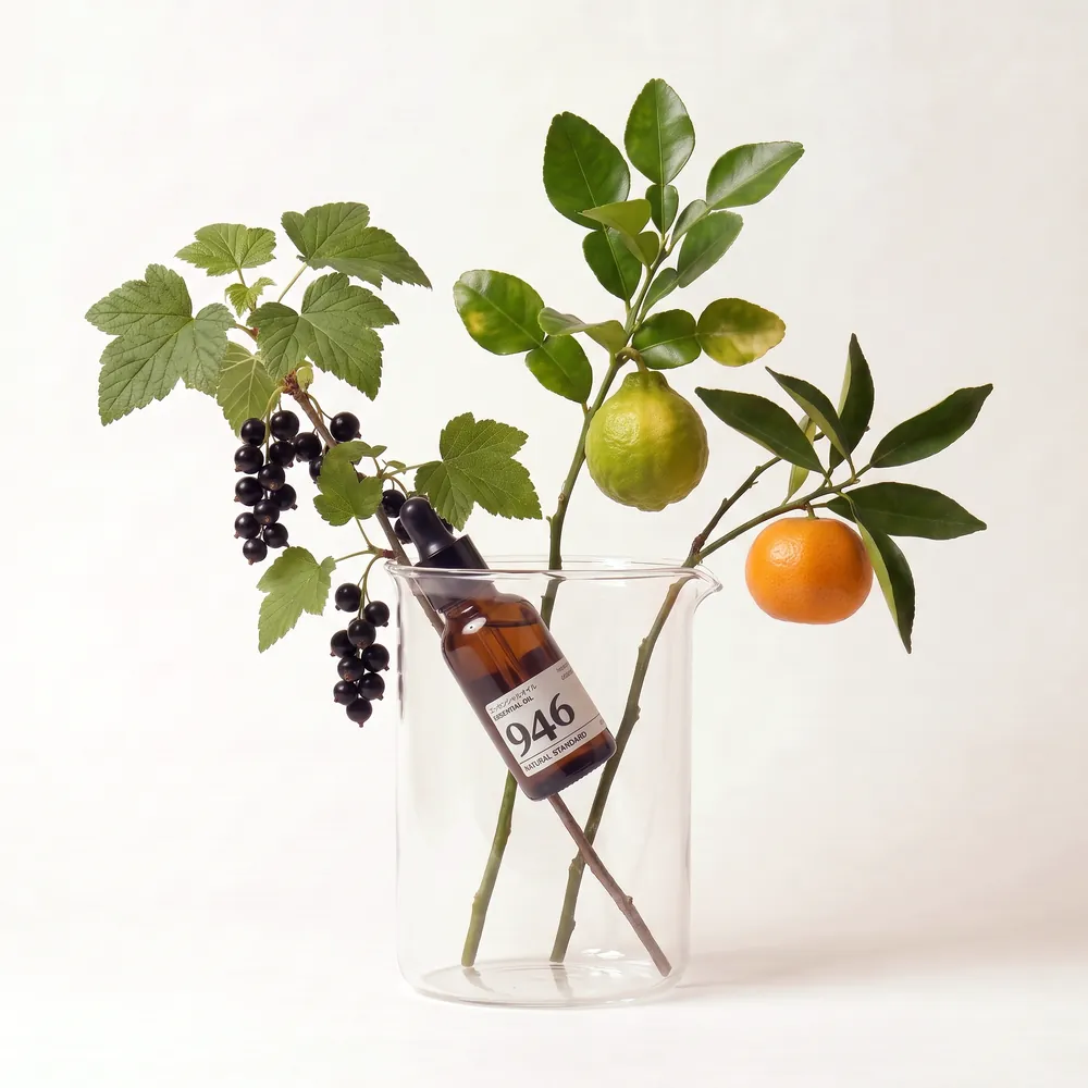 Essential Oil Blend No.946, Nine Four Six · essential oil bottle arranged with ingredients | Lê Mai