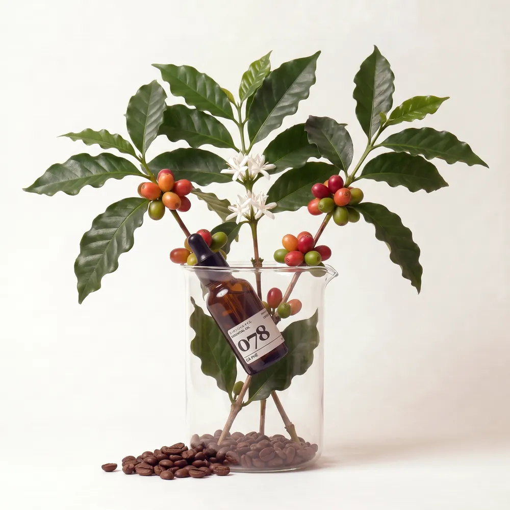 Tinh dầu Cà Phê – Coffee · chai tinh dầu trong ly nguyên liệu | Lê Mai