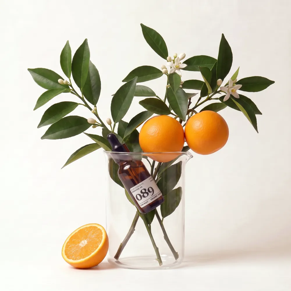 Tinh dầu Cam Ngọt Organic – Organic Sweet Orange · chai tinh dầu trong ly nguyên liệu | Lê Mai