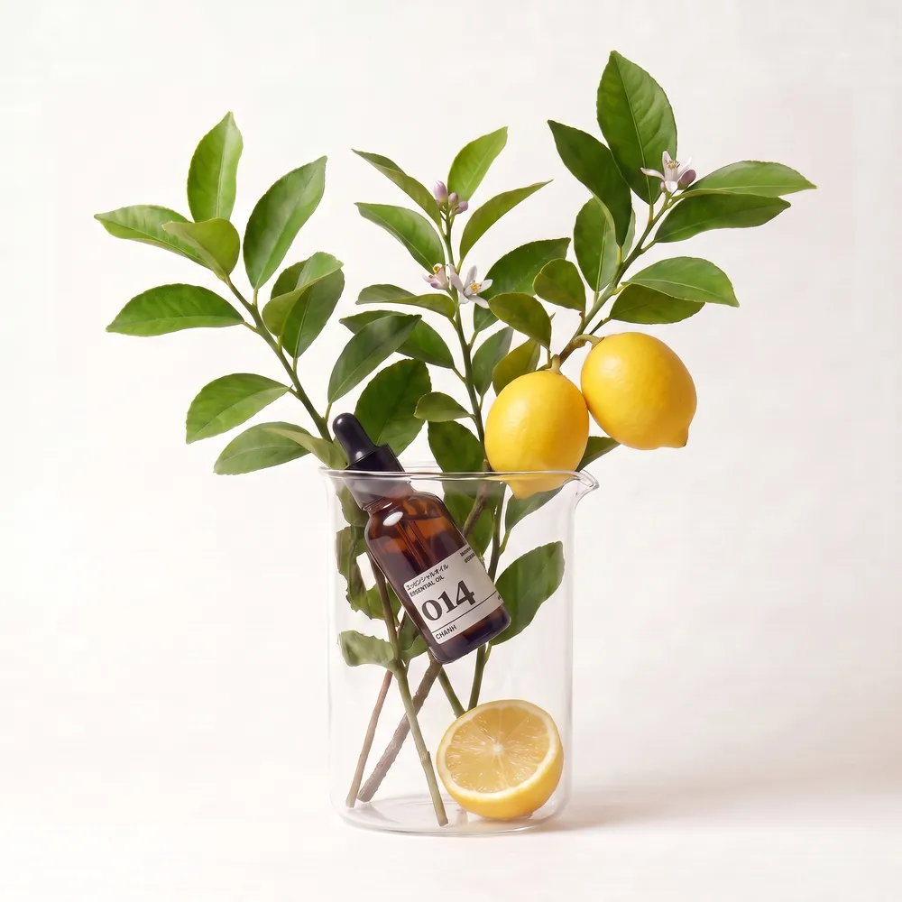 Tinh dầu Chanh – Lemon · chai tinh dầu trong ly nguyên liệu | Lê Mai