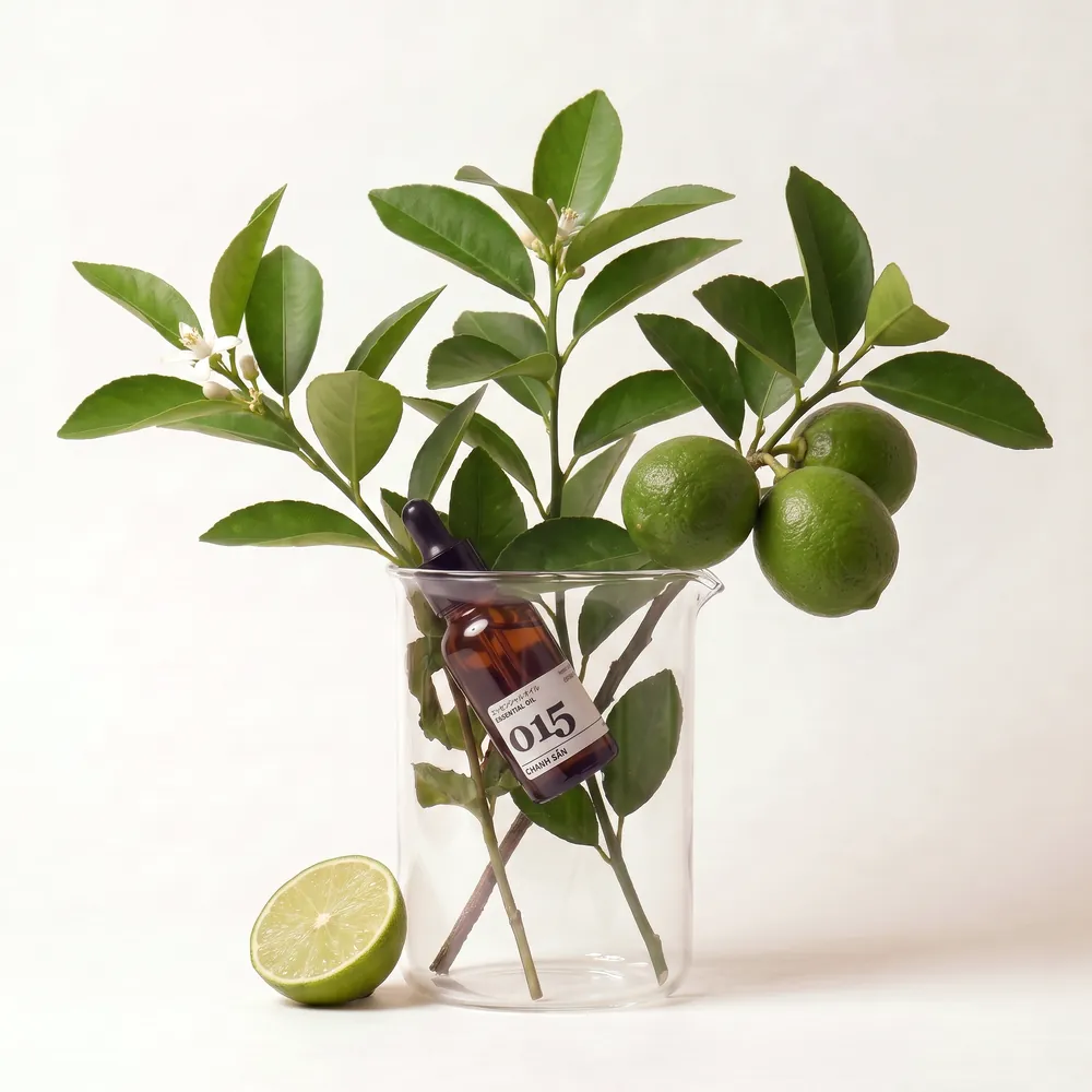 Tinh dầu Chanh Sần – Lime · chai tinh dầu trong ly nguyên liệu | Lê Mai