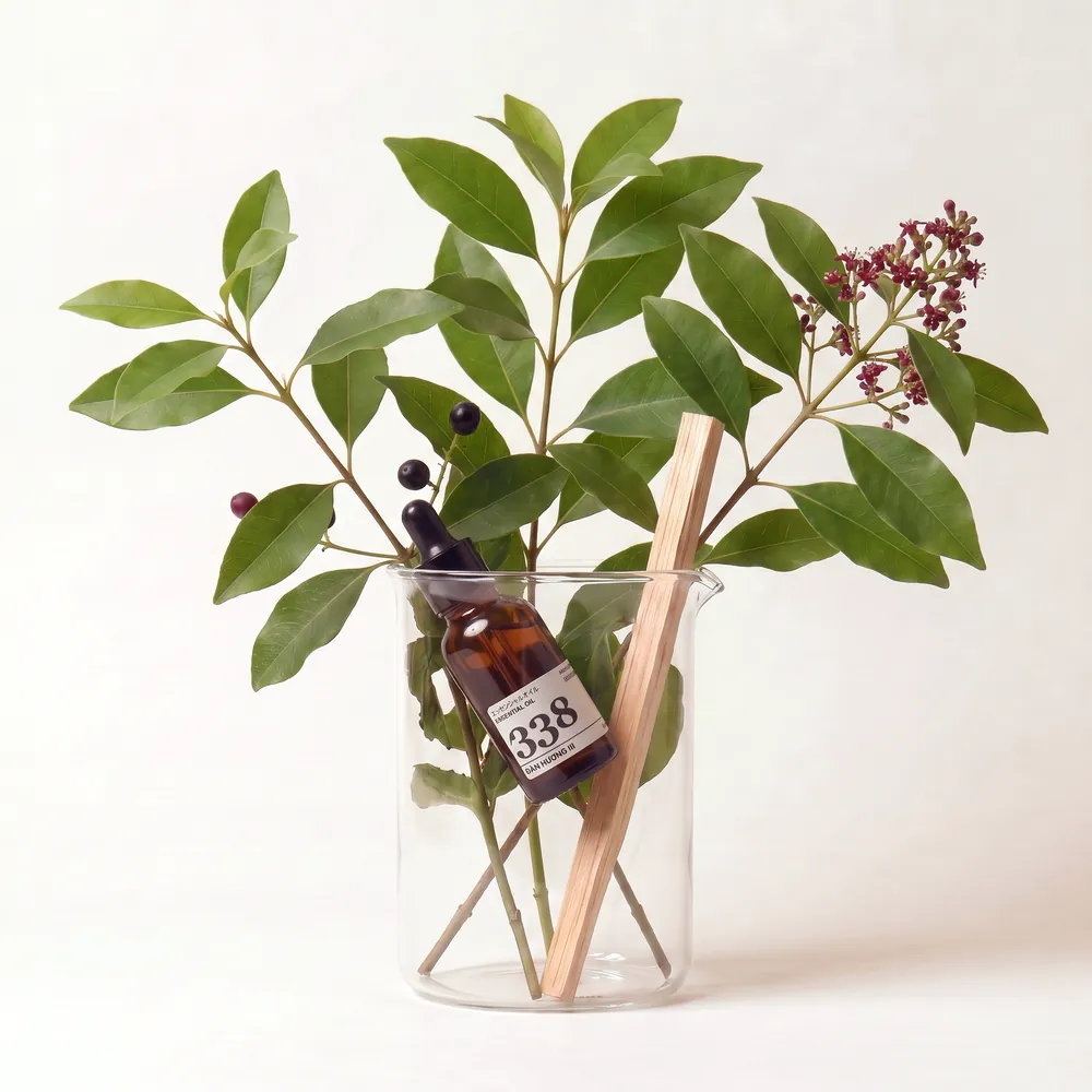 Tinh dầu Đàn Hương III – Sandalwood III · chai tinh dầu trong ly nguyên liệu | Lê Mai