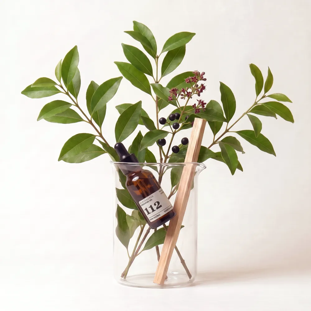 Tinh dầu Đàn Hương – Sandalwood · chai tinh dầu trong ly nguyên liệu | Lê Mai