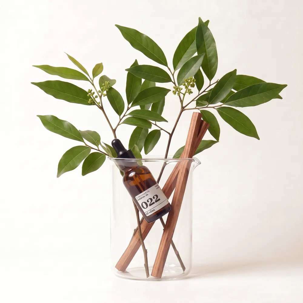 Tinh dầu Gỗ Hồng – Rosewood · chai tinh dầu trong ly nguyên liệu | Lê Mai