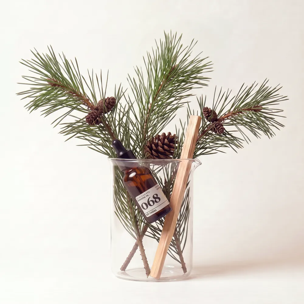 Tinh dầu Gỗ Thông – Pine Wood · chai tinh dầu trong ly nguyên liệu | Lê Mai