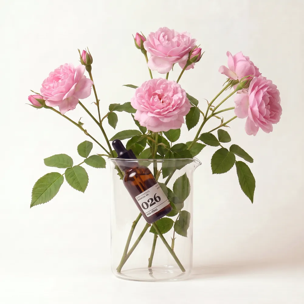 Rose I Essential Oil · essential oil bottle in a glass of ingredients | Lê Mai
