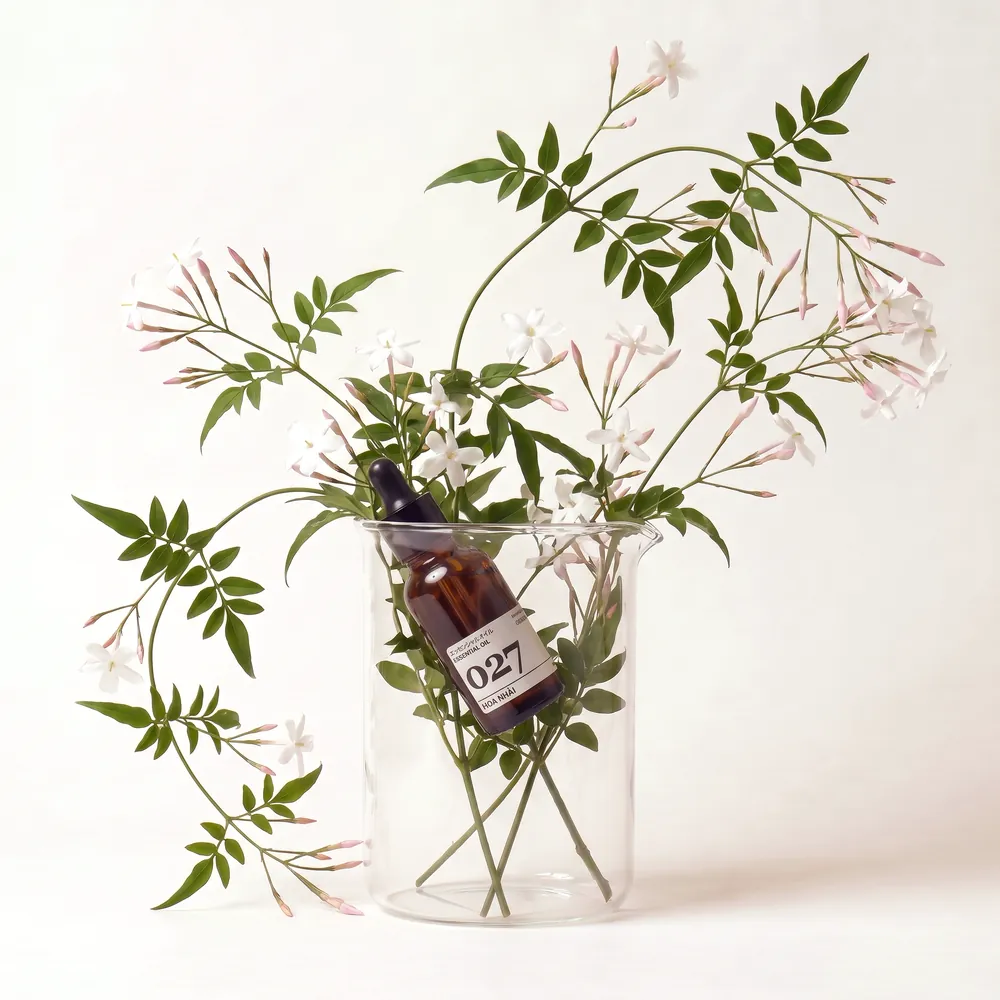 Tinh dầu Hoa Nhài – Jasmine · chai tinh dầu trong ly nguyên liệu | Lê Mai