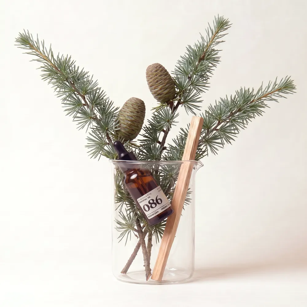 Tinh dầu Hoàng Đàn Organic – Organic Cedarwood · chai tinh dầu trong ly nguyên liệu | Lê Mai