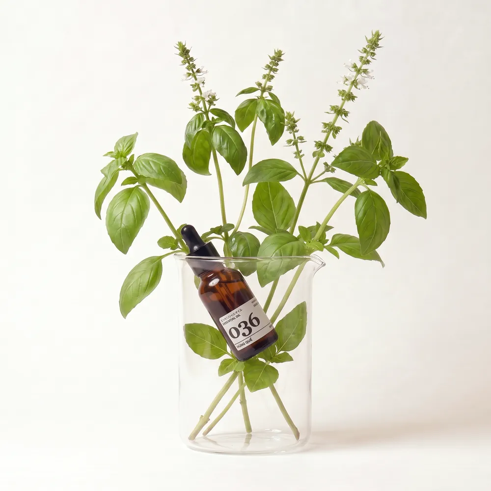 Tinh dầu Húng Quế – Sweet Basil · chai tinh dầu trong ly nguyên liệu | Lê Mai