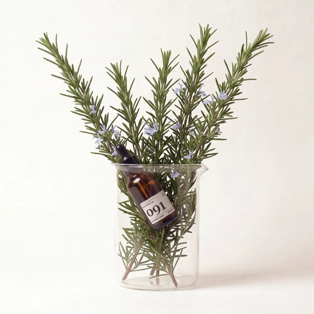 Tinh dầu Hương Thảo Organic – Organic Rosemary · chai tinh dầu trong ly nguyên liệu | Lê Mai
