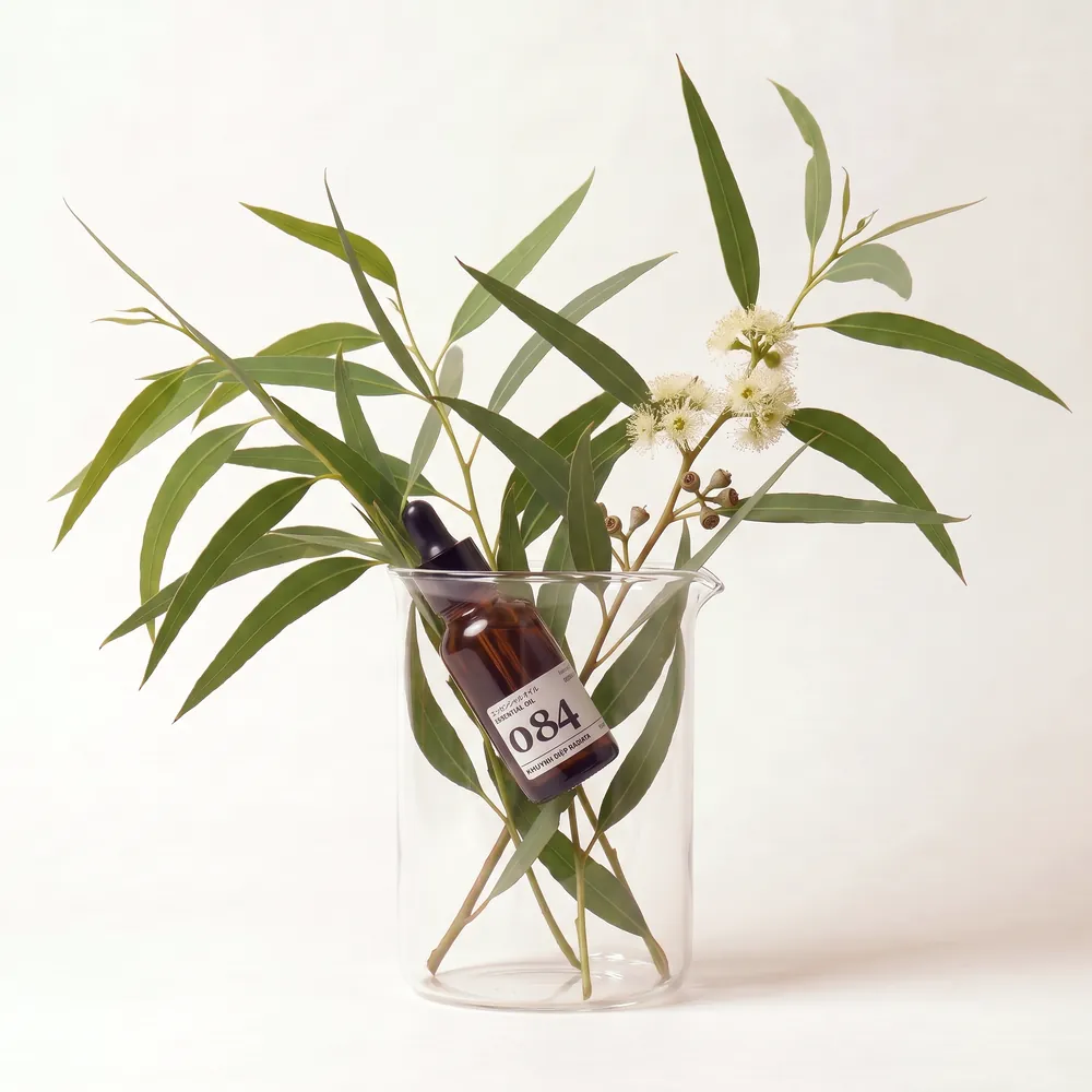 Tinh dầu Khuynh Diệp Radiata Organic – Organic Eucalyptus Radiata · chai tinh dầu trong ly nguyên liệu | Lê Mai