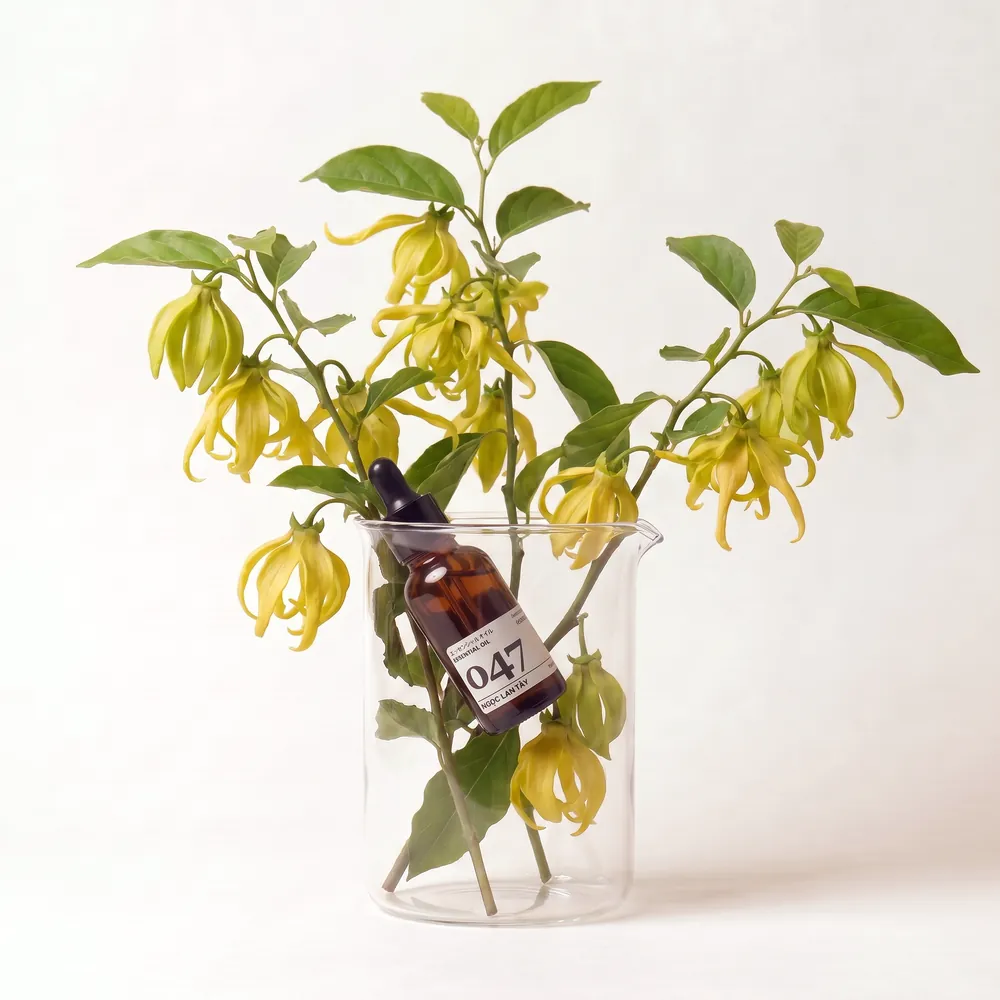 Tinh dầu Ngọc Lan Tây – Ylang Ylang · chai tinh dầu trong ly nguyên liệu | Lê Mai