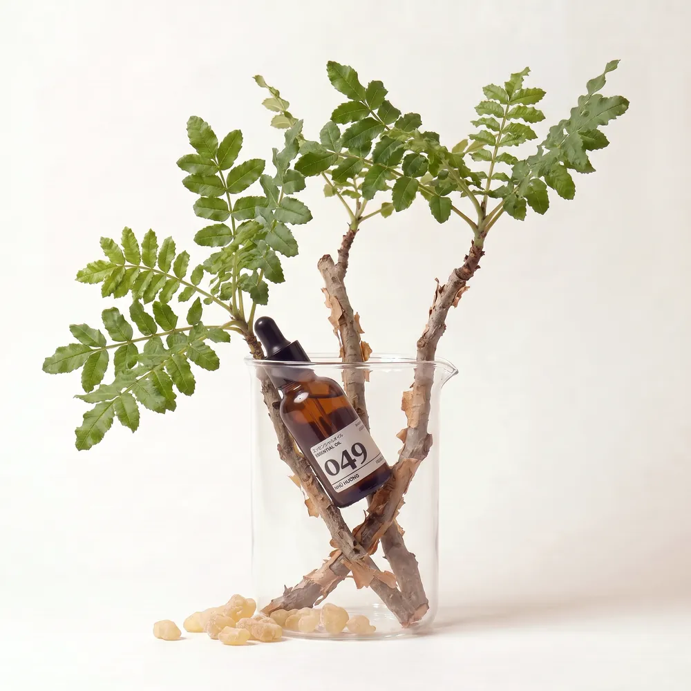Tinh dầu Nhũ Hương – Frankincense · chai tinh dầu trong ly nguyên liệu | Lê Mai