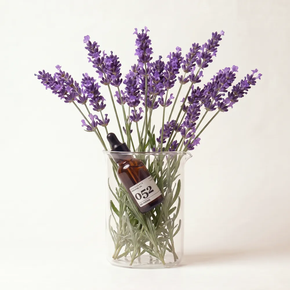Lavender Essential Oil No.052 · essential oil bottle in a glass of ingredients | Lê Mai