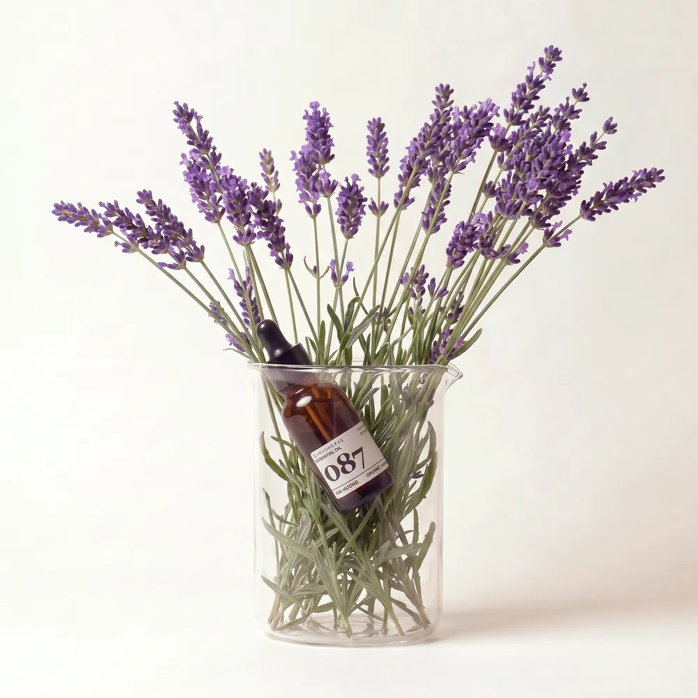 Tinh dầu Oải Hương Organic – Organic Lavender · chai tinh dầu trong ly nguyên liệu | Lê Mai