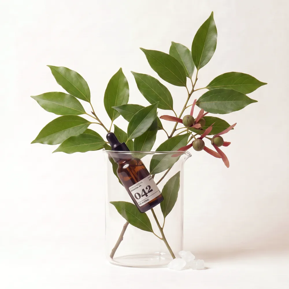Tinh dầu Rã Hương – Camphora · chai tinh dầu trong ly nguyên liệu | Lê Mai