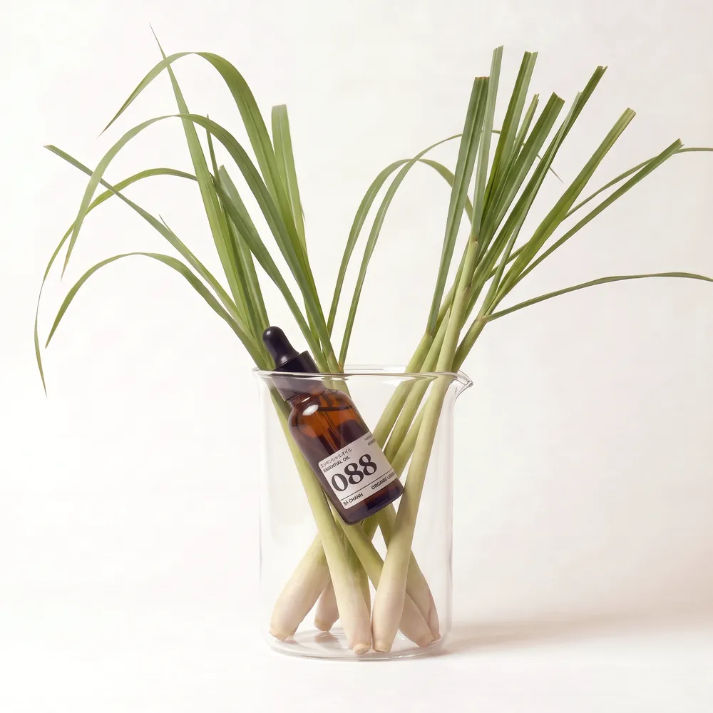 Tinh dầu Sả Chanh Organic – Organic Lemongrass · chai tinh dầu trong ly nguyên liệu | Lê Mai