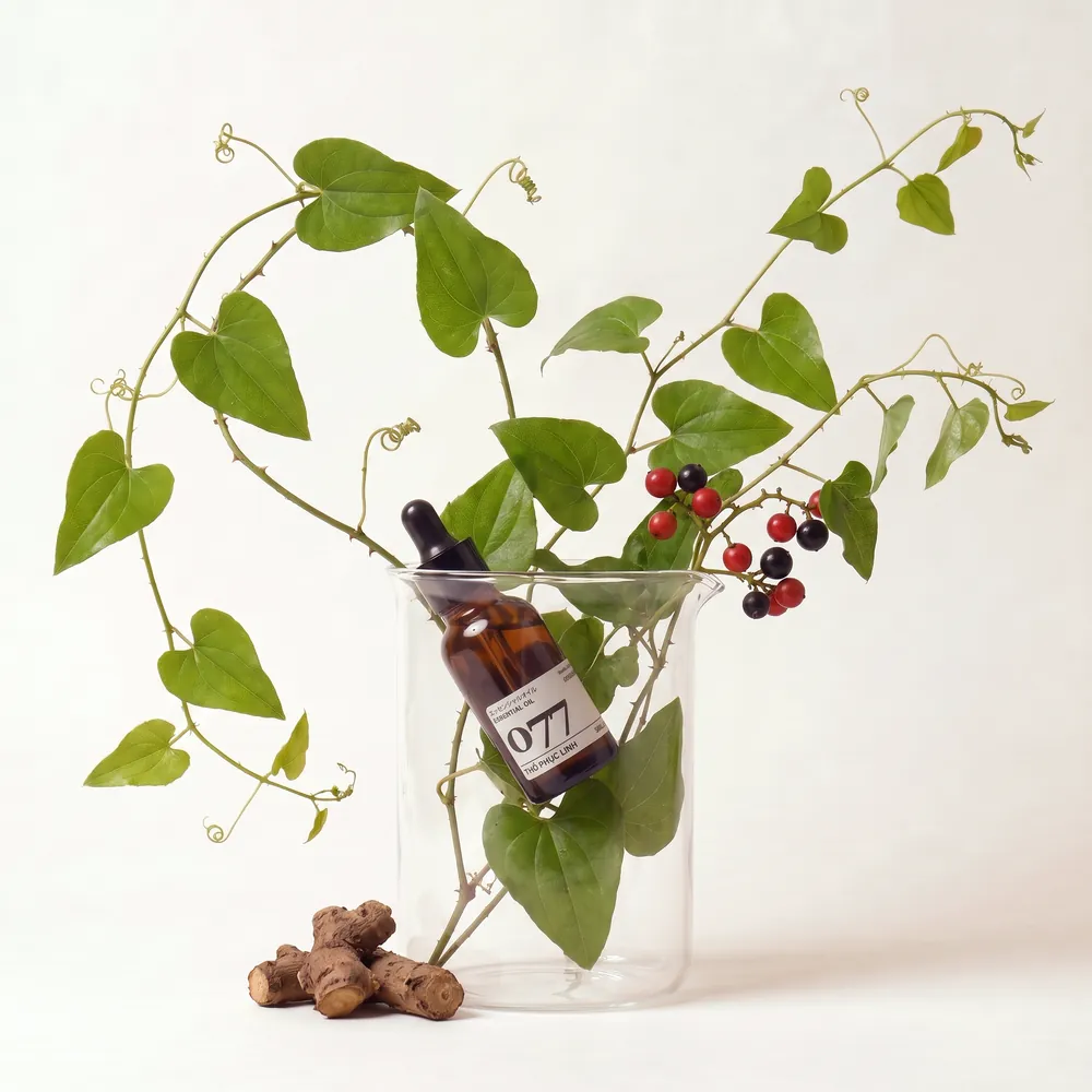 Tinh dầu Thổ Phục Linh – Smilax Aspera · chai tinh dầu trong ly nguyên liệu | Lê Mai