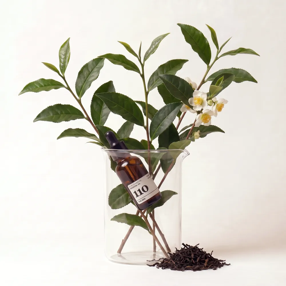Black Tea Essential Oil · bottle in a glass of ingredients | Lê Mai