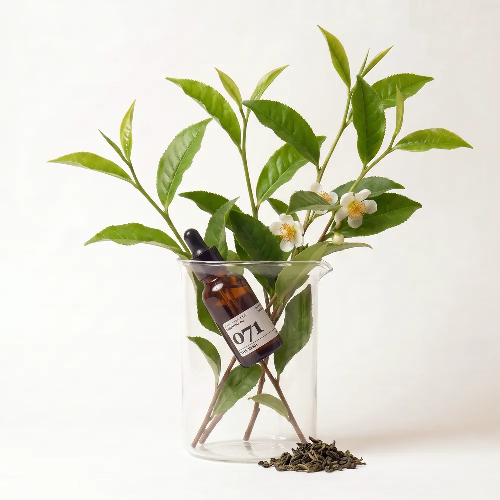 Tinh dầu Trà Xanh – Green Tea · chai tinh dầu trong ly nguyên liệu | Lê Mai