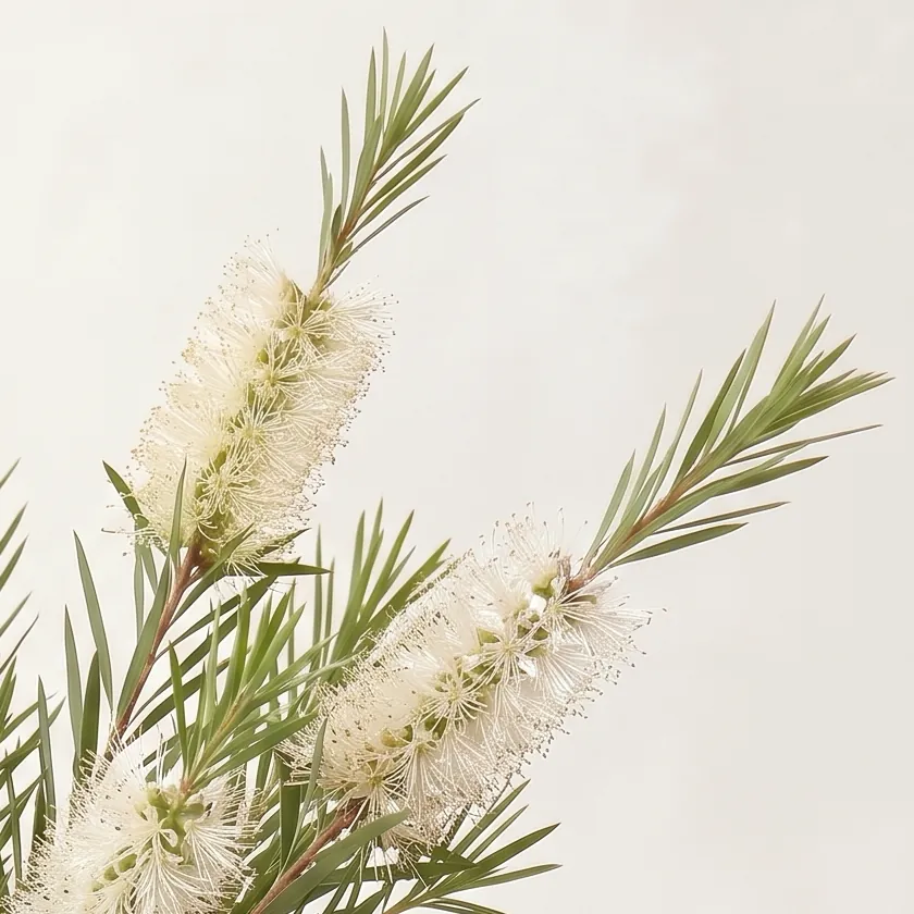 Tinh dầu Tràm Trà – Tea Tree · cận nguyên liệu trong ly | Lê Mai