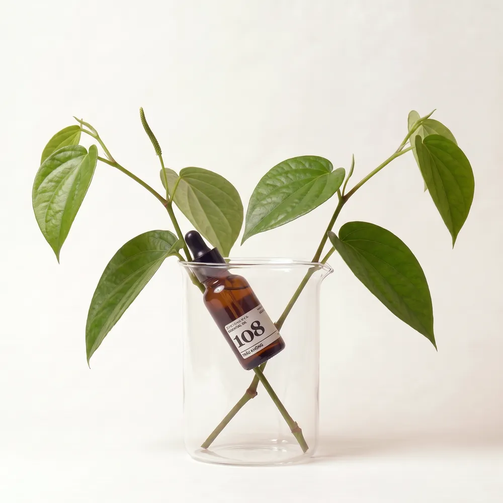 Betel Leaf Essential Oil · essential oil bottle in a glass of ingredients | Lê Mai