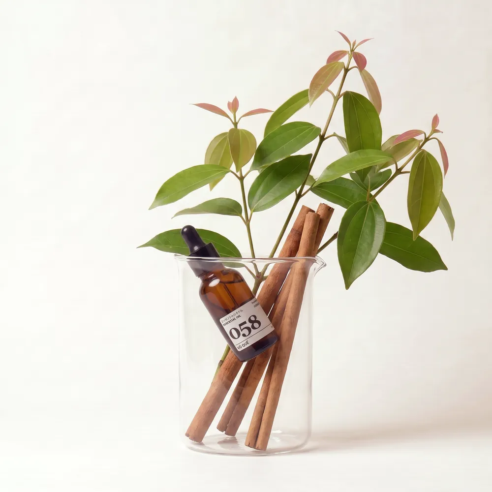 Tinh dầu Vỏ Quế – Cinnamon Bark · chai tinh dầu trong ly nguyên liệu | Lê Mai